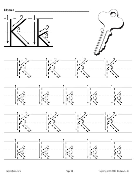 printable letter k tracing worksheet with number and arrow