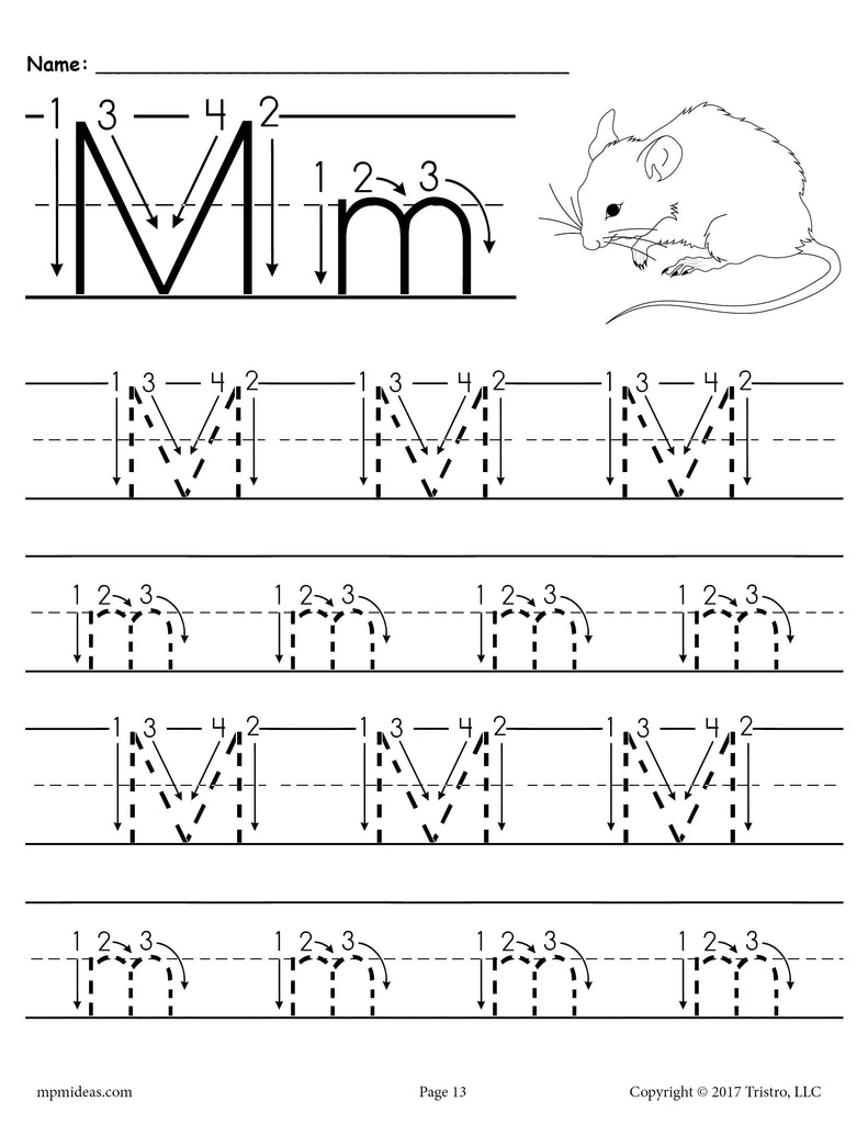 Printable Letter M Tracing Worksheet With Number and Arrow Guides