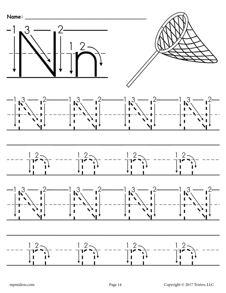 Printable Letter N Tracing Worksheet With Number And Arrow Guides 