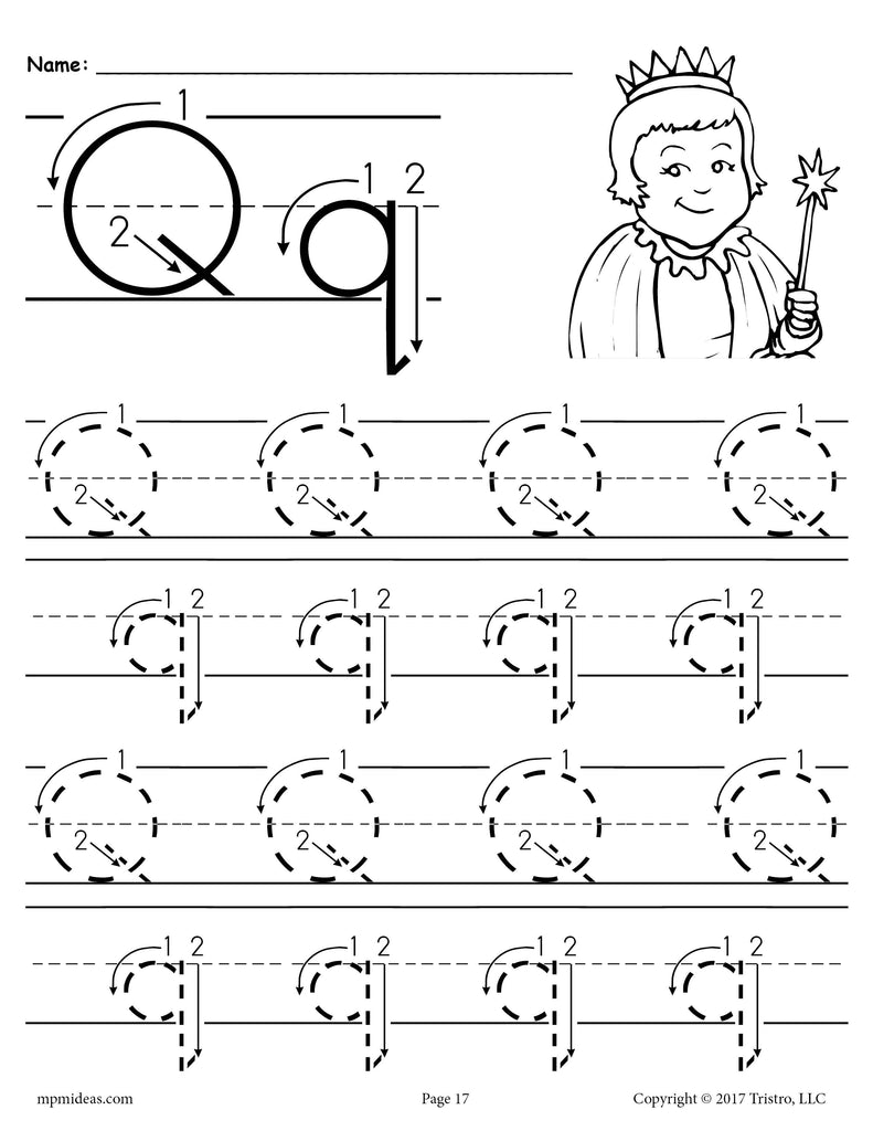 printable letter q tracing worksheet with number and arrow guides supplyme