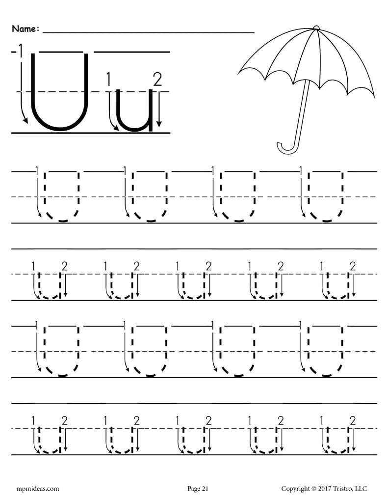 Printable Letter U Tracing Worksheet With Number and Arrow Guides