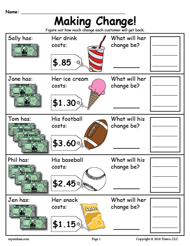 Printable Making Change Money Worksheets - 2 Versions ...