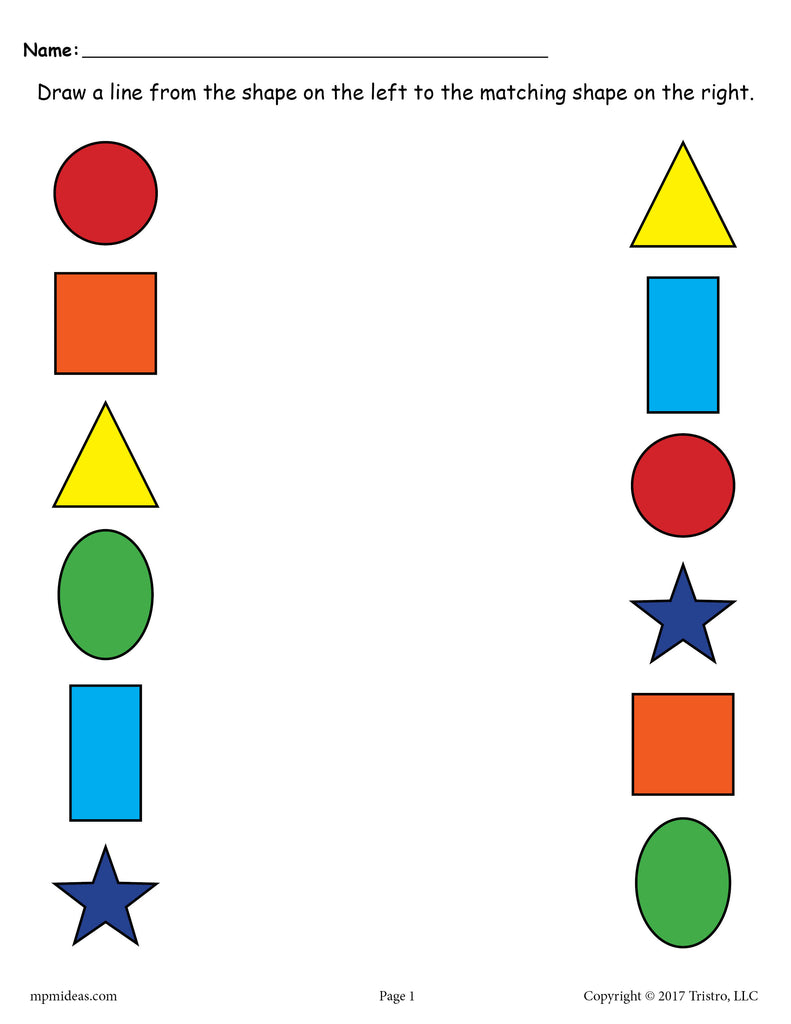 Shapes Matching Worksheet: Circle, Square, Triangle, Oval, Rectangle, Star - Color