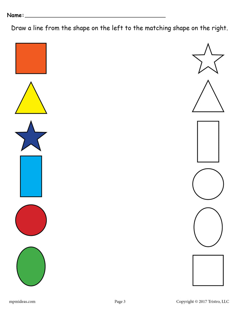 Shapes Matching Worksheet: Square, Triangle, Star, Rectangle, Circle, Oval - Color and Black & White