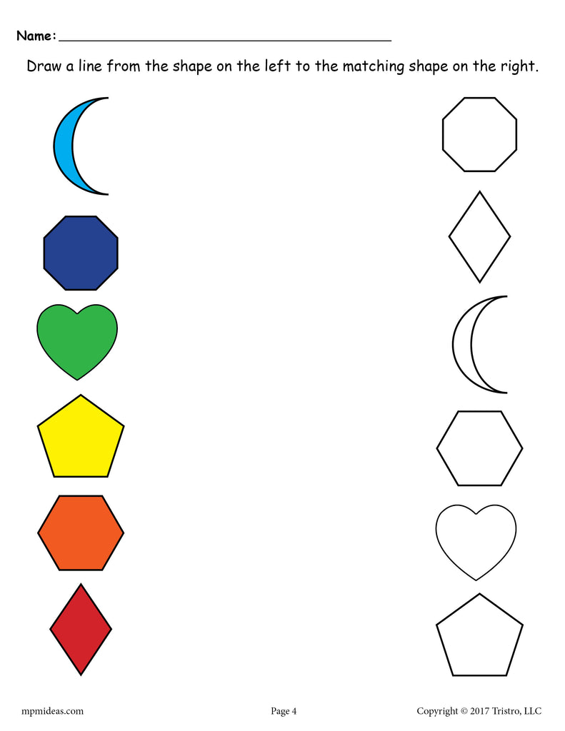 Shapes Matching Worksheet: Crescent, Octagon, Heart, Pentagon, Hexagon, Diamond - Color and Black & White