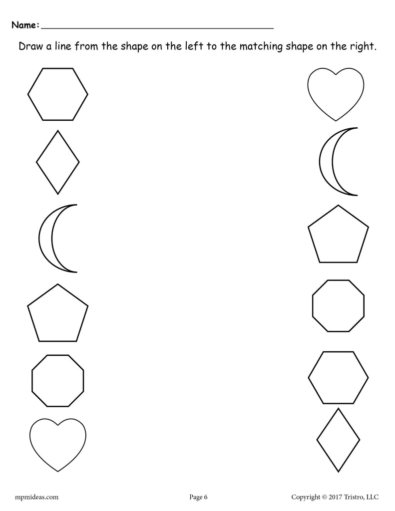 Shapes Matching Worksheet: Hexagon, Diamond, Crescent, Pentagon, Octagon, Heart - Black & White