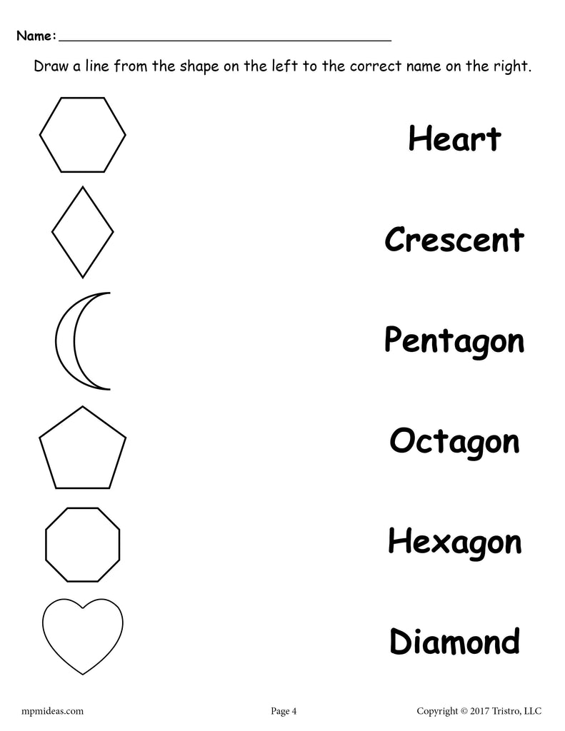 Black & White Shape Matching Worksheet - Diamond, Hexagon, Pentagon, Heart, Crescent, Octagon