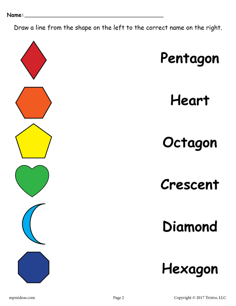 Color Shape Matching Worksheet - Diamond, Hexagon, Pentagon, Heart, Crescent, Octagon