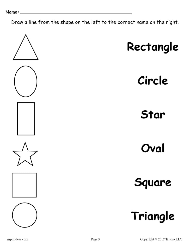 Black & White Shape Matching Worksheet - Circle, Square, Triangle, Oval, Rectangle, Star