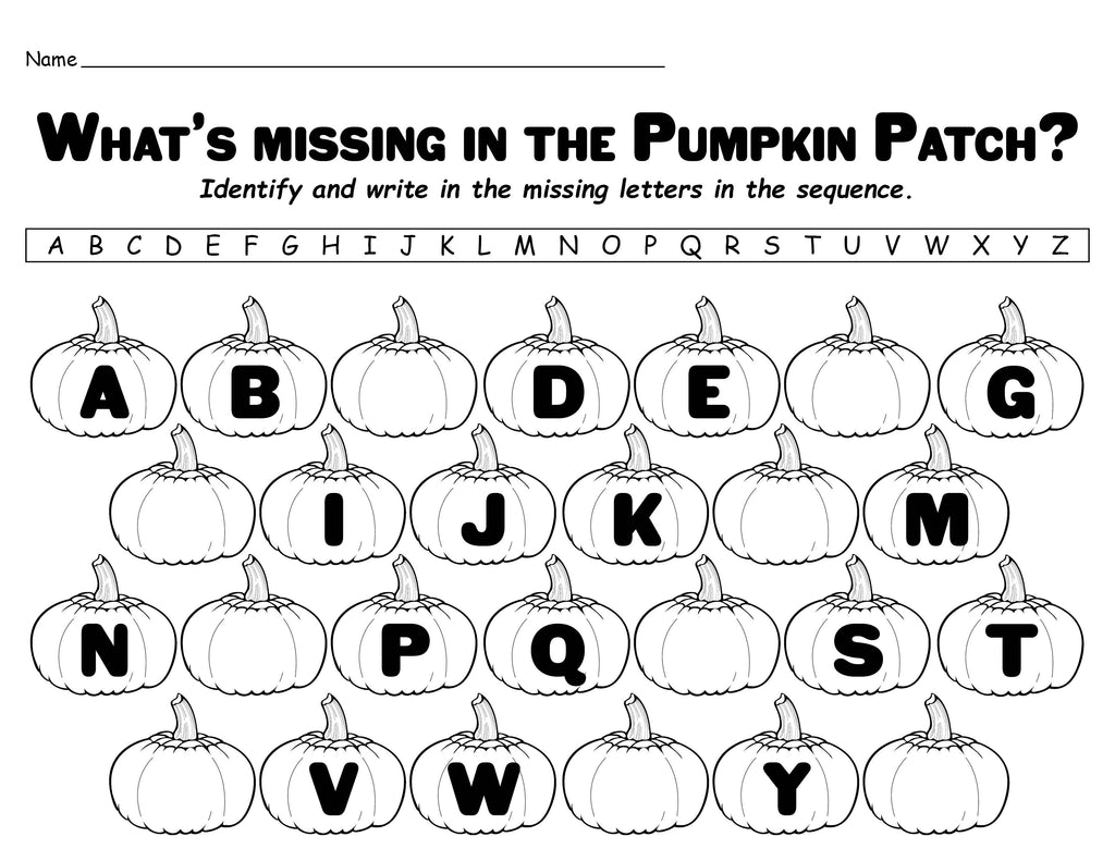 "Missing Letters in the Pumpkin Patch" FREE Printable Alphabet Workshe