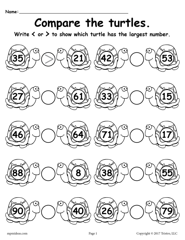 Turtle Themed Greater Than Less Than Worksheet! - SupplyMe