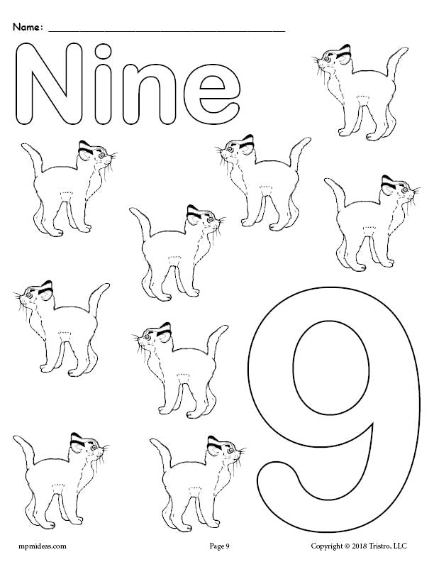 Number 9 Coloring Page - Cats