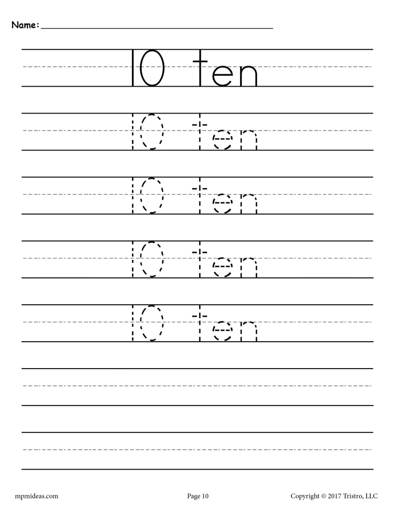 FREE Number 10 Tracing Worksheet