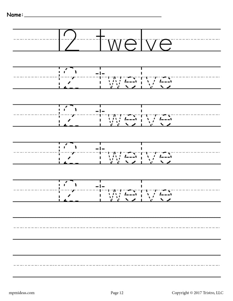 Printable Number 12 Worksheets
