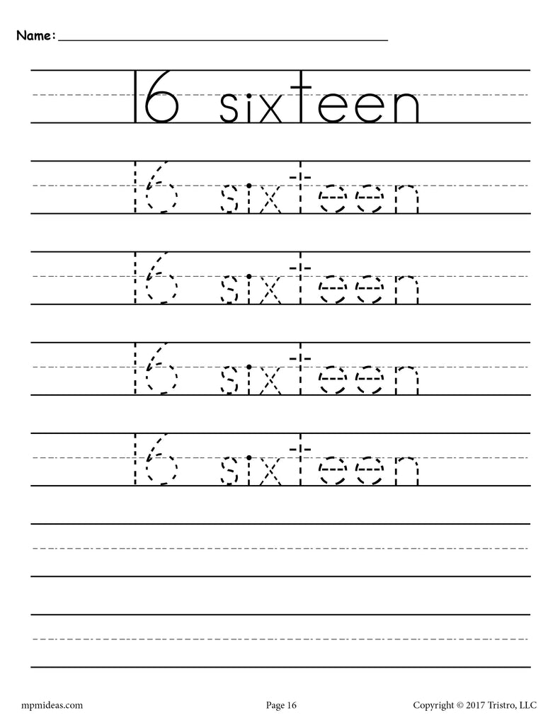 Number 16 Tracing Worksheets