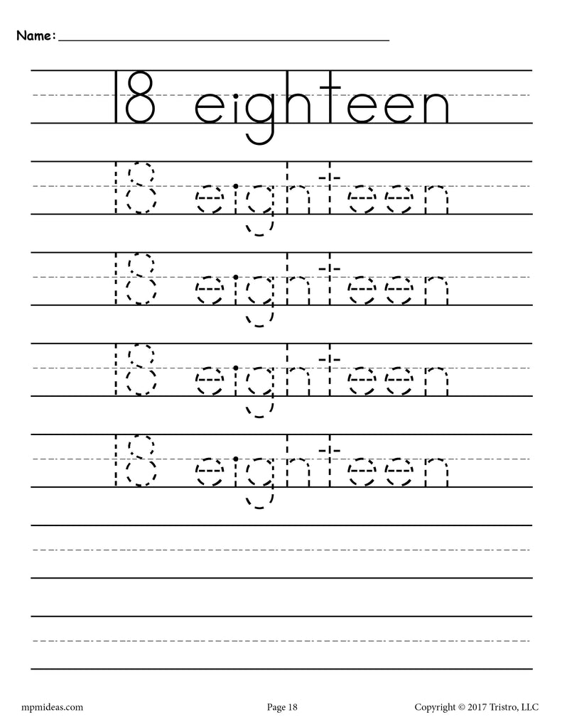 Number 18 Worksheets Free Printable