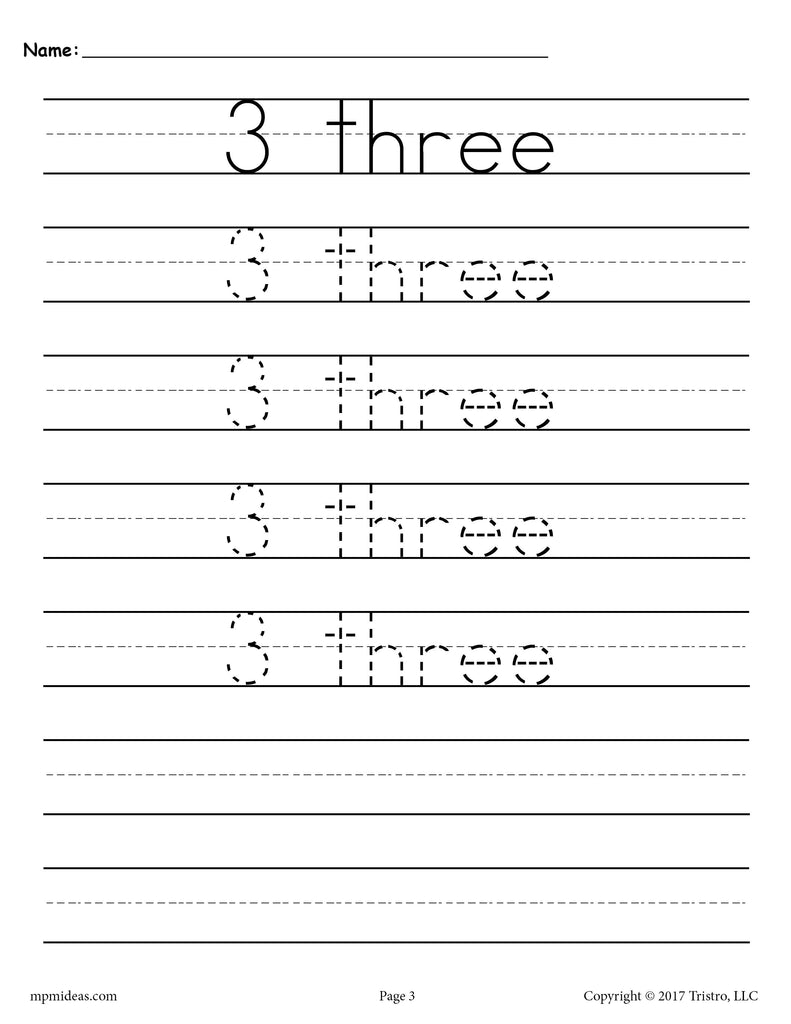 number 3 tracing worksheet number three handwriting worksheet supplyme