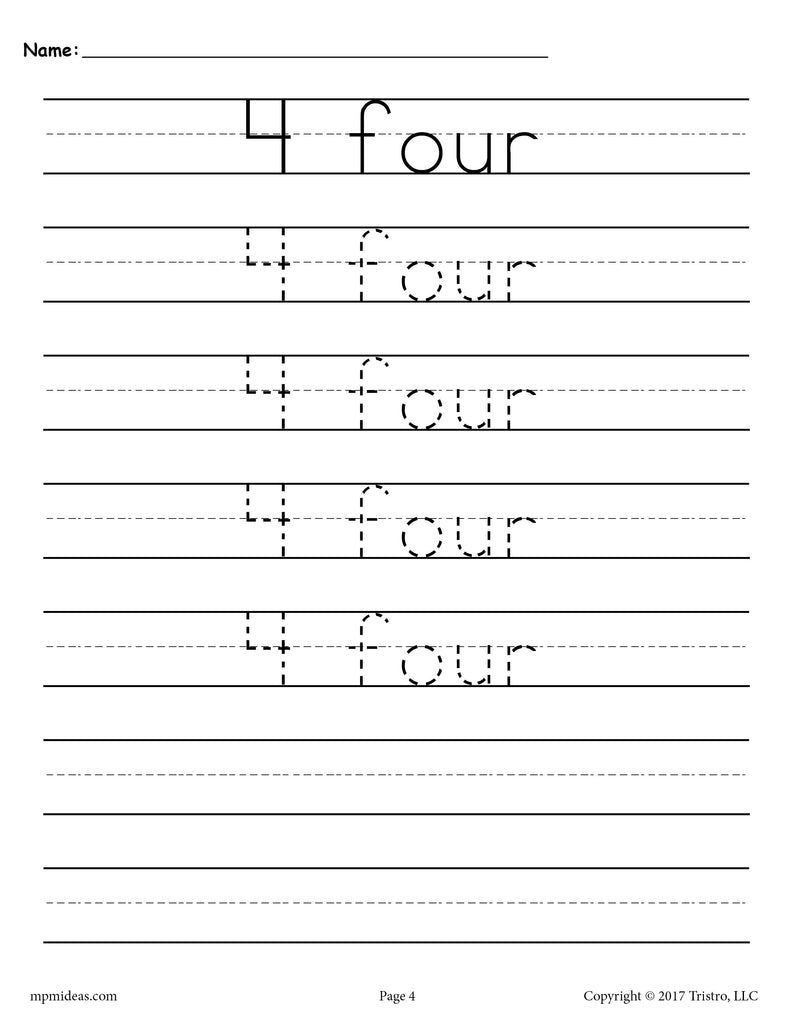 FREE Number 4 Tracing Worksheet