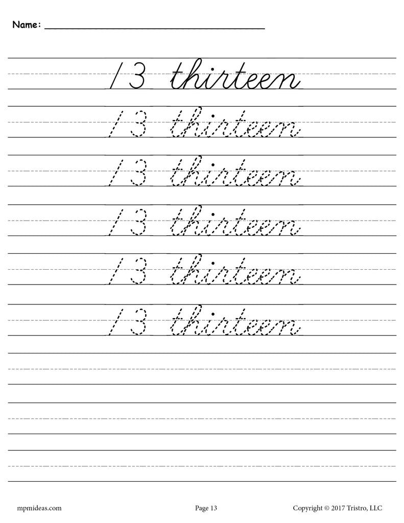 Printable Number Thirteen Cursive Handwriting & Tracing Worksheet