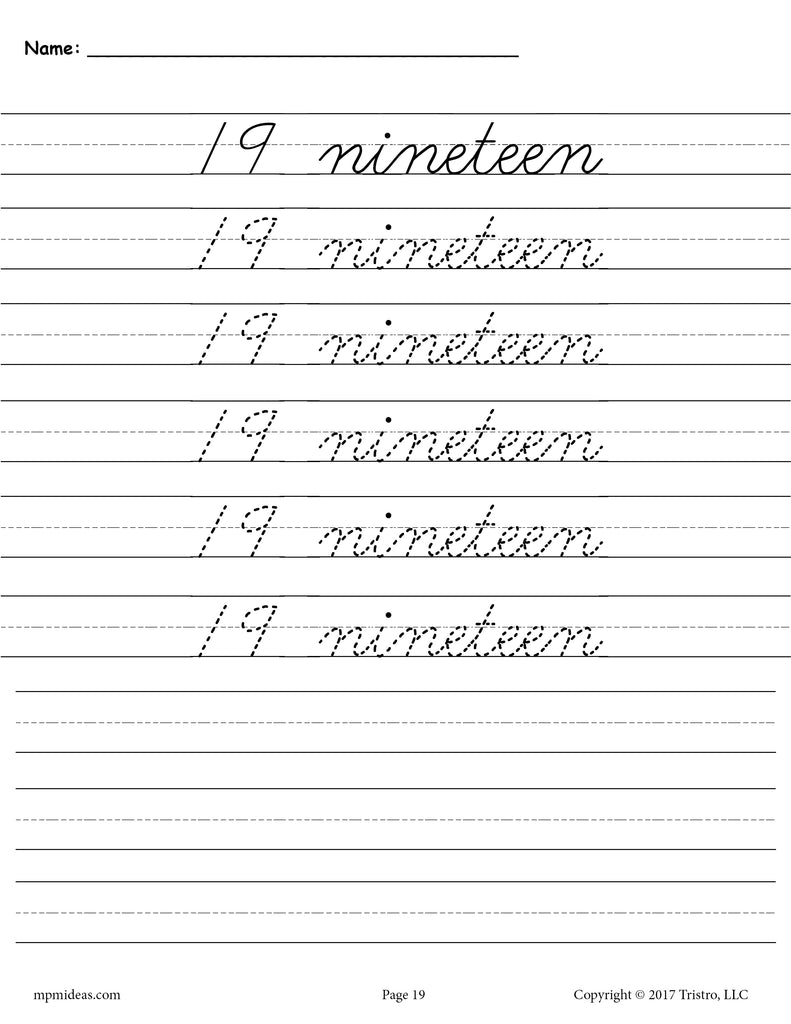 Printable Number Nineteen Cursive Handwriting & Tracing Worksheet