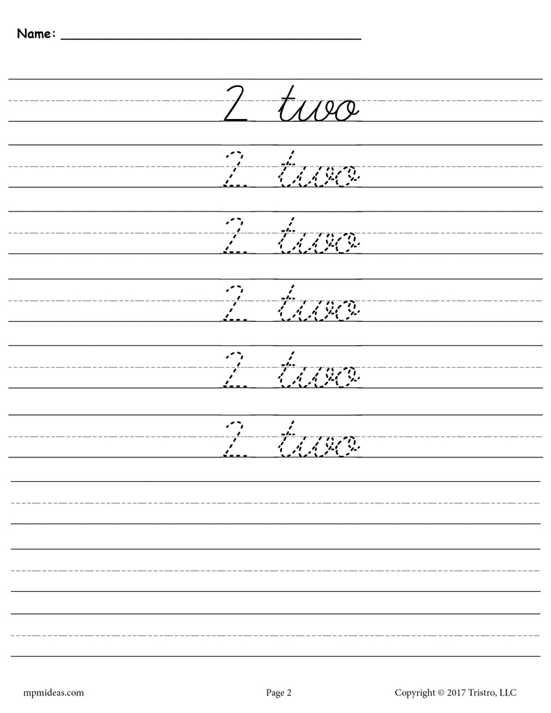 Printable Number Two Cursive Handwriting And Tracing Worksheet – SupplyMe