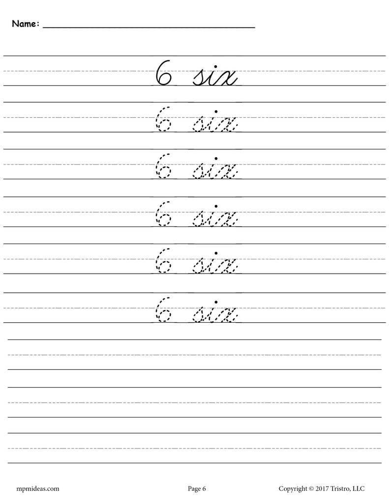 Printable Number Six Cursive Handwriting And Tracing Worksheet – SupplyMe