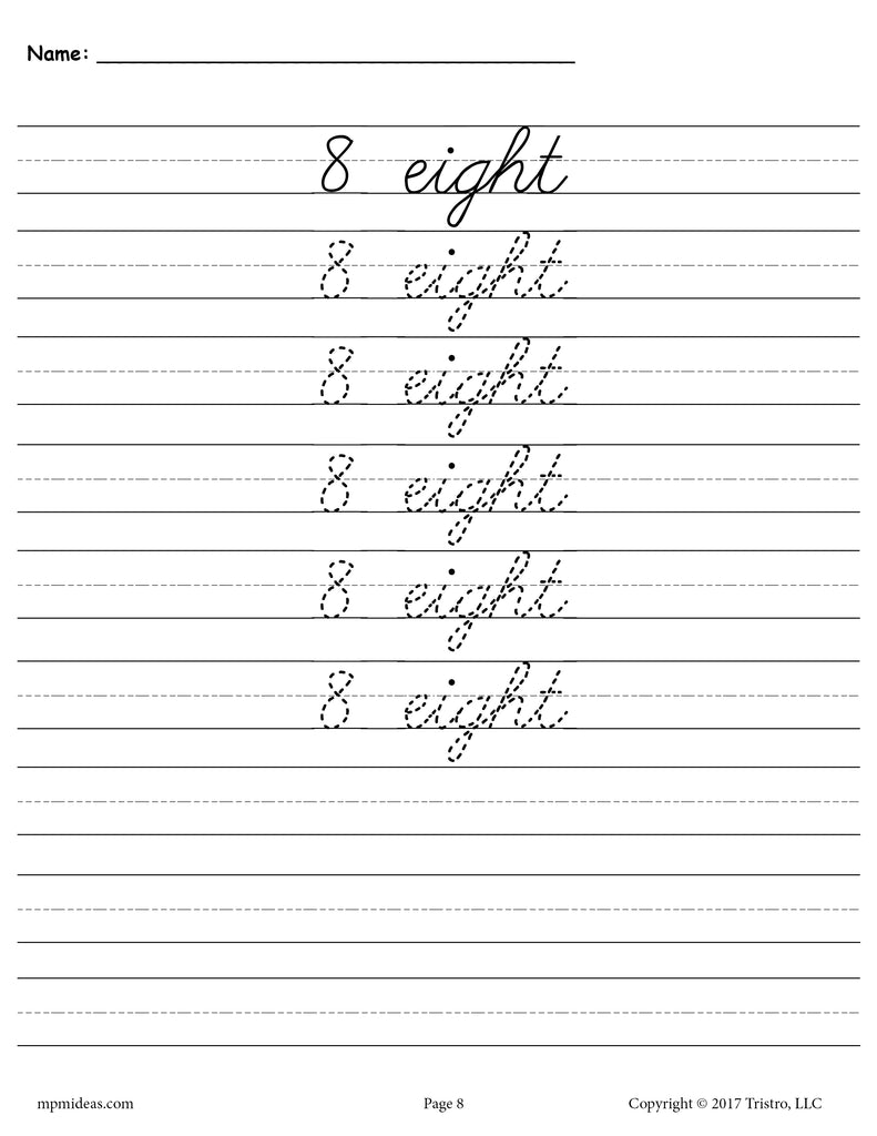 Printable Number Eight Cursive Handwriting & Tracing Worksheet