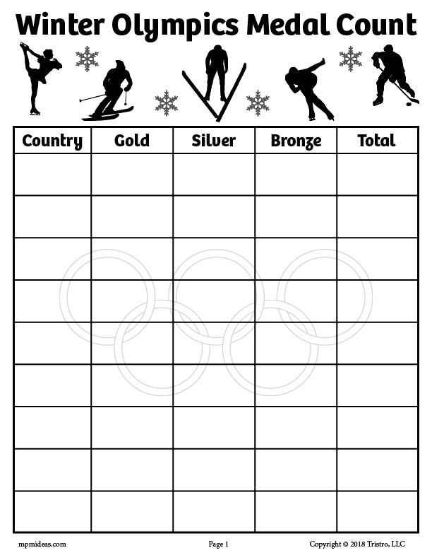 printable winter olympics medal count tally worksheets supplyme