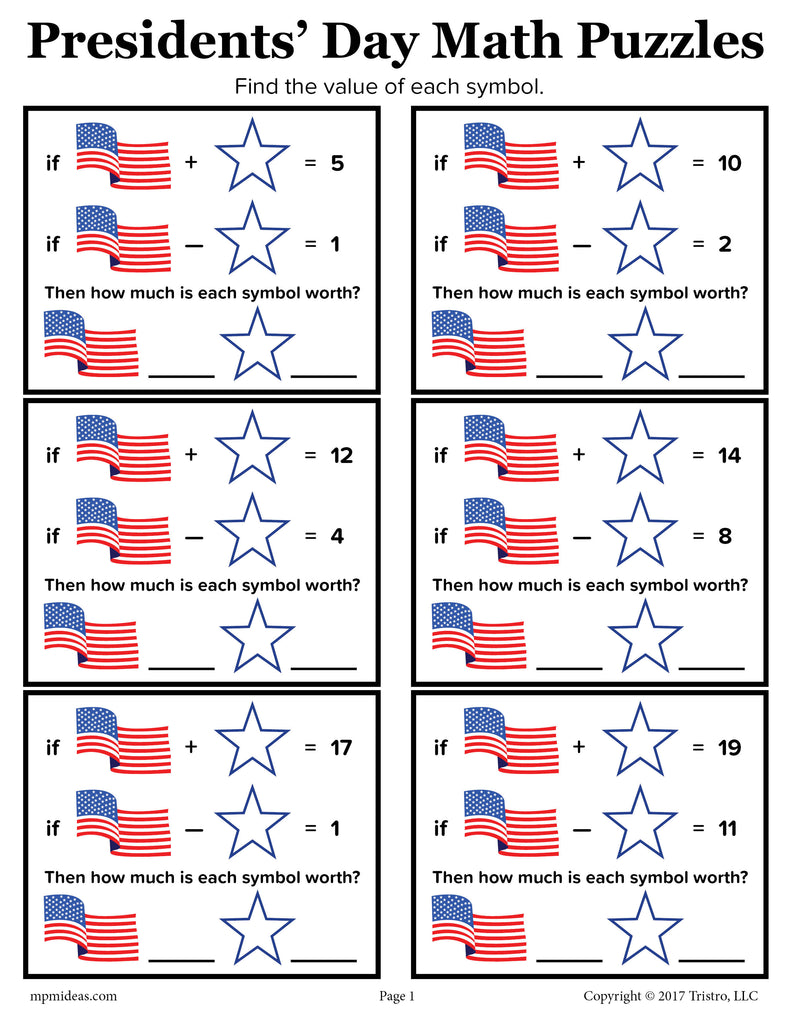 FREE Presidents Day Math Puzzles Worksheet SupplyMe