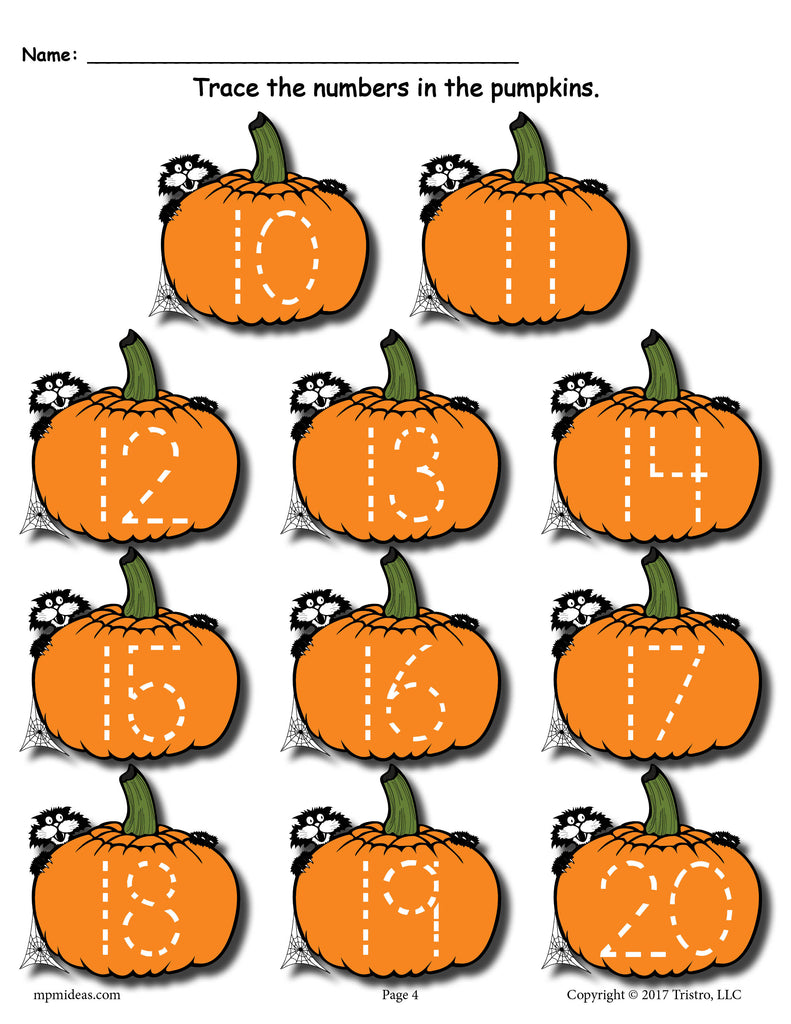 Pumpkin Number Tracing Worksheet Numbers 11-20 - Color