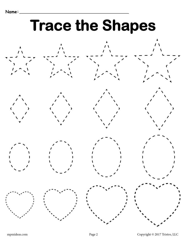 Tracing Shapes Worksheets - Smallest to Largest - Stars, Diamonds, Ovals, and Hearts