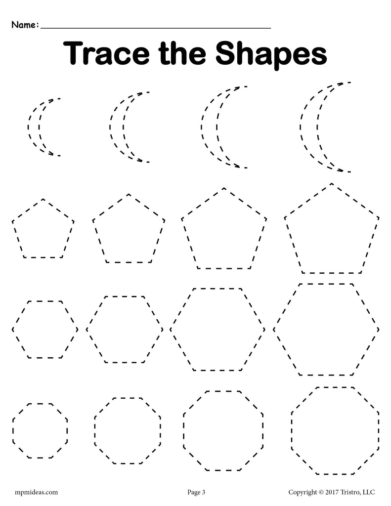 Tracing Shapes Worksheets - Smallest to Largest - Crescents, Pentagons, Hexagons, and Octagons