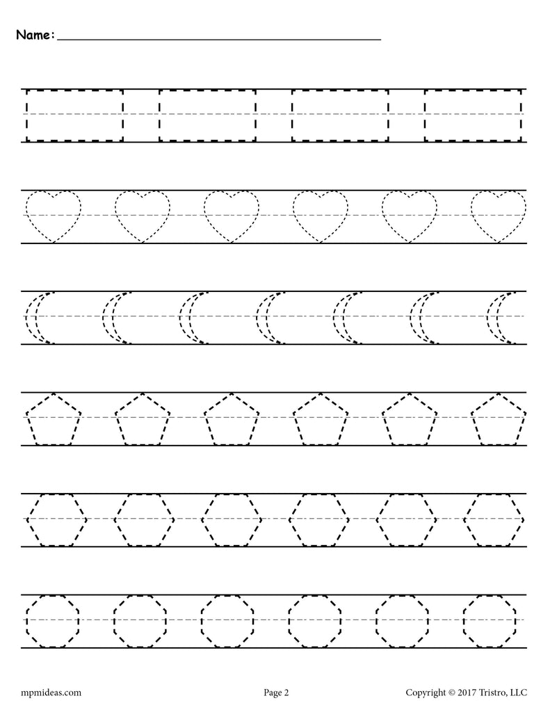 Shapes Tracing Worksheet: Rectangle, Heart, Crescent, Pentagon, Hexagon, Octagon