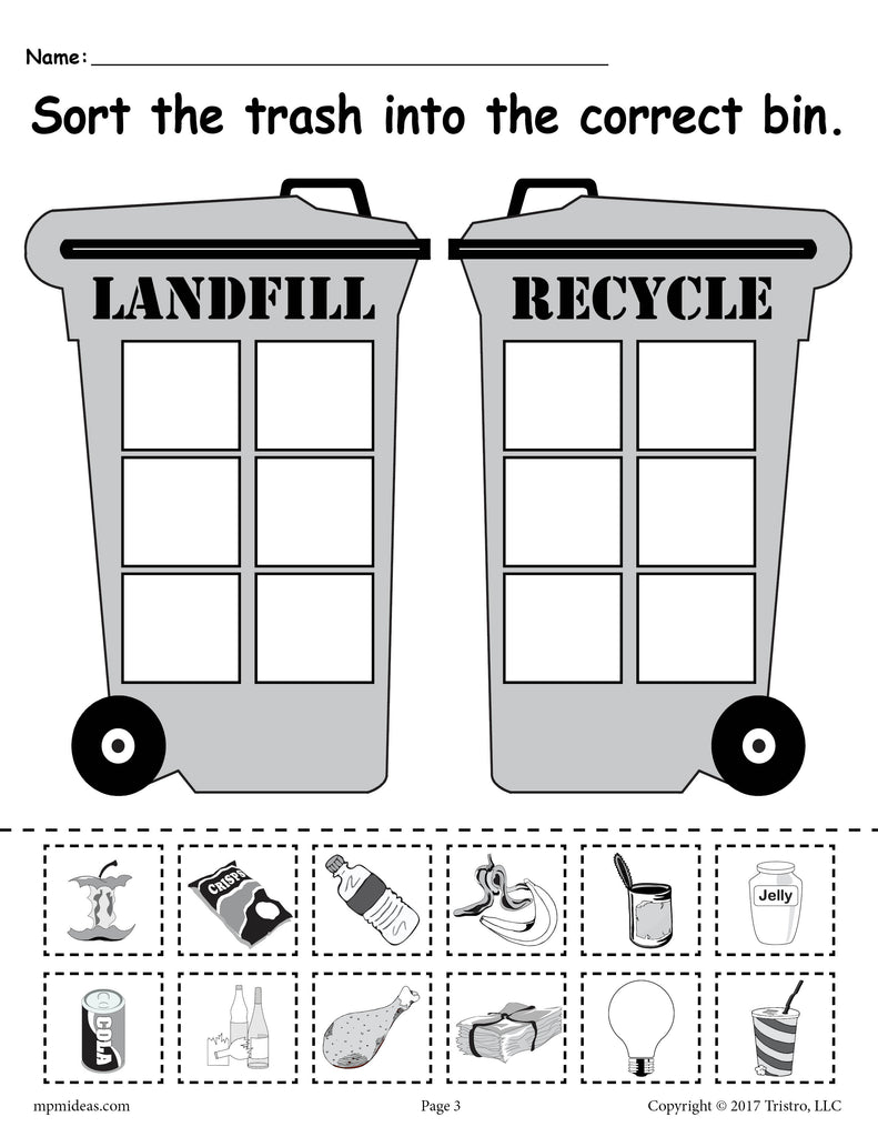 Earth Day Recycling Worksheet Version 2 - Landfill with Soda Cup