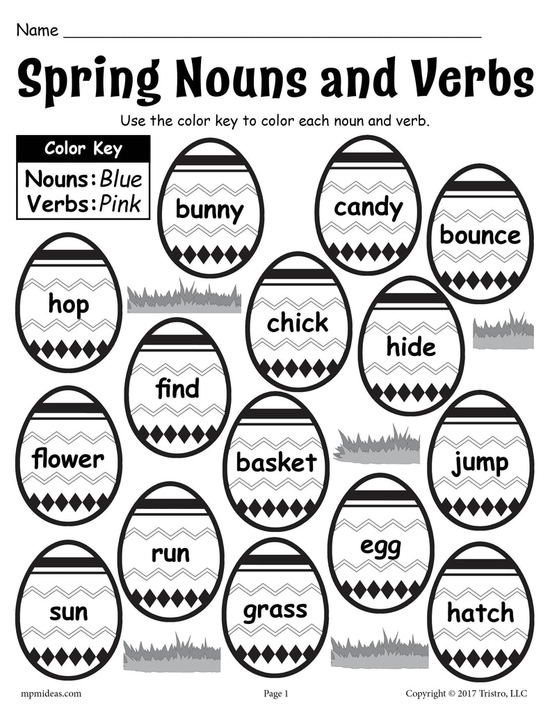 color the spring nouns and verbs printable worksheet supplyme