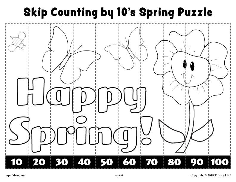 Spring Puzzle - Skip Counting By 10s Worksheet - Black & White