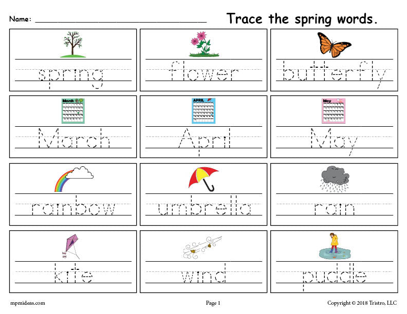 FREE Printable Spring Words Handwriting & Tracing Worksheet!