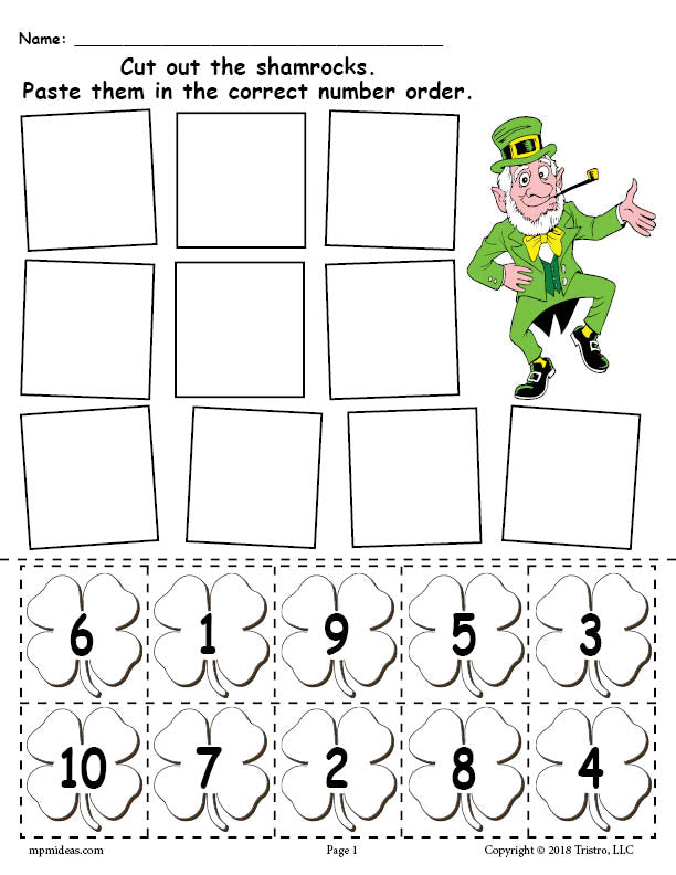 FREE Printable St. Patrick's Day Shamrock Number Ordering Worksheet Numbers 1-10!