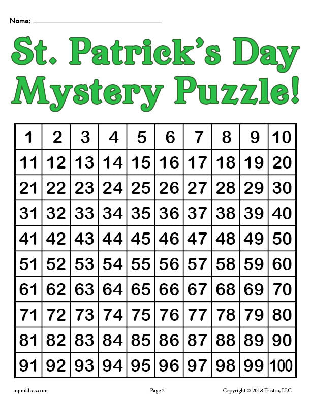 St. Patrick's Day Hundreds Chart Place Value Mystery Puzzle
