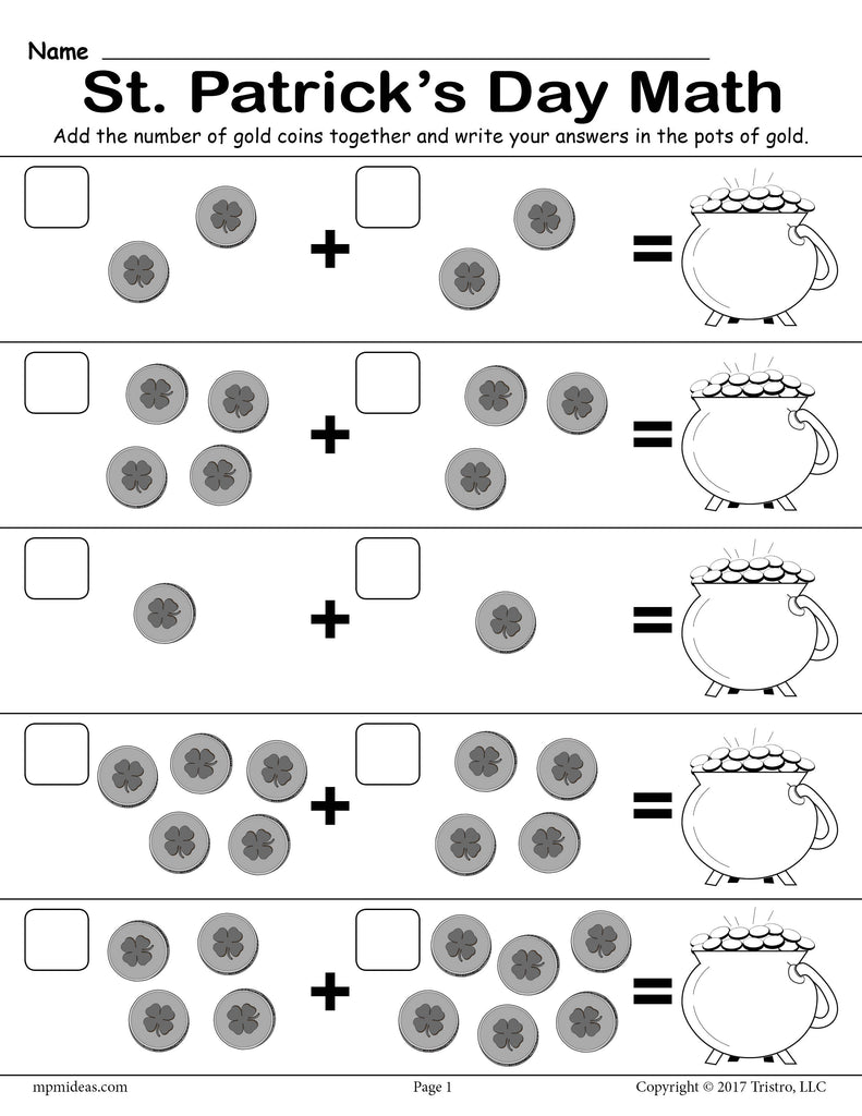 St Patricks Day Themed Addition With Pictures Math Worksheet Supplyme 