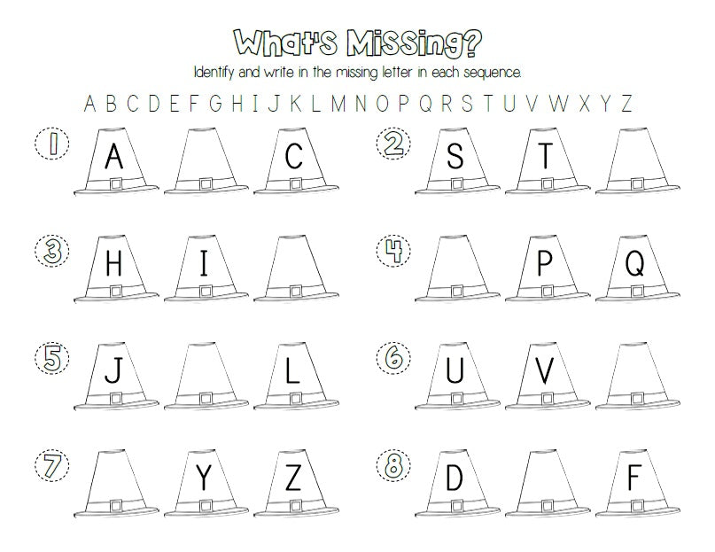 Pilgrim Hat Letter Sequencing Printable Activity