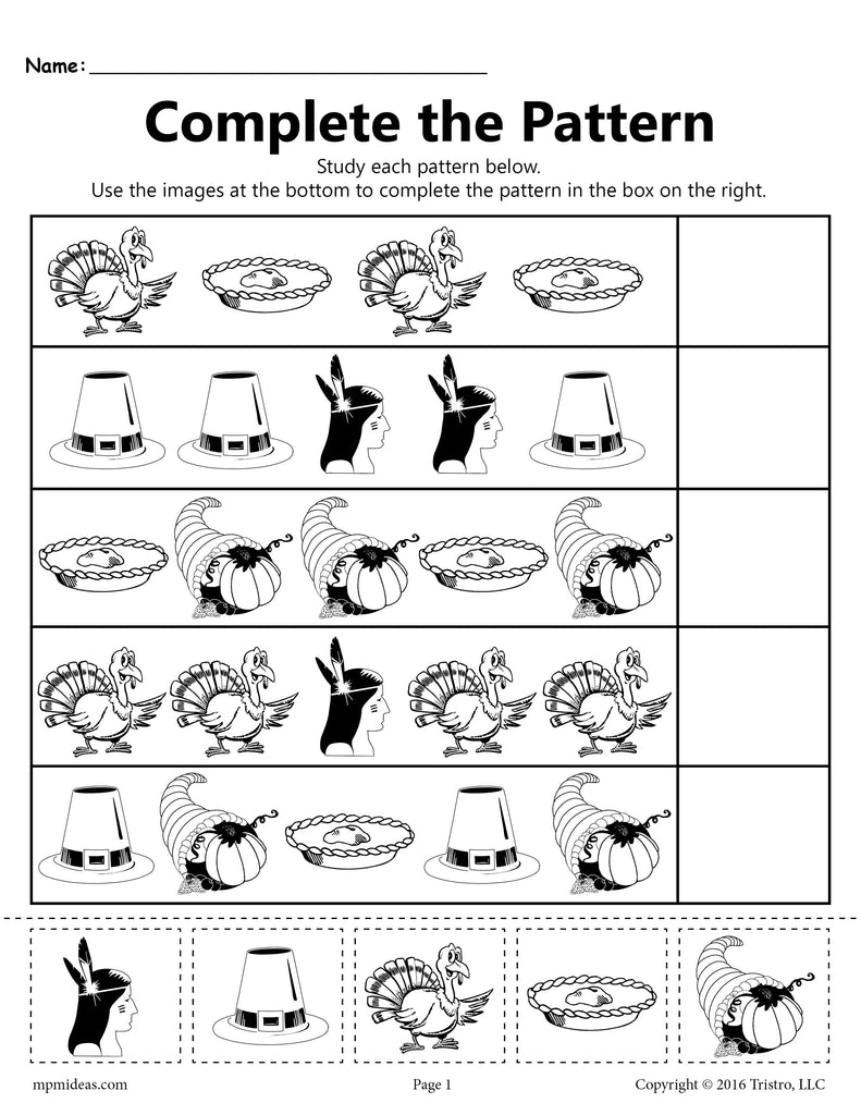 "Complete the Pattern" FREE Printable Thanksgiving Themed Worksheet