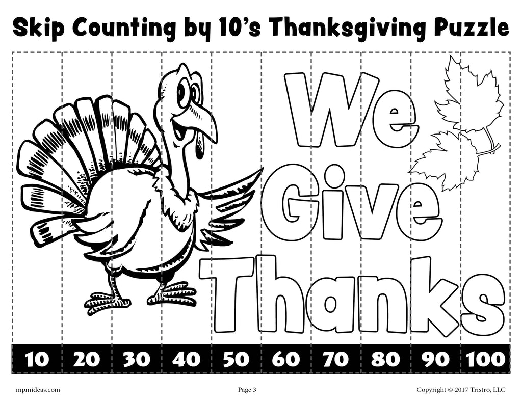 Thanksgiving Skip Counting By 10s Worksheet - Black & White