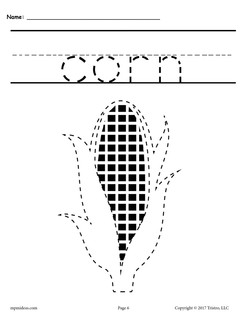 Corn On The Cob Thanksgiving Tracing and Pre-Handwriting Worksheet