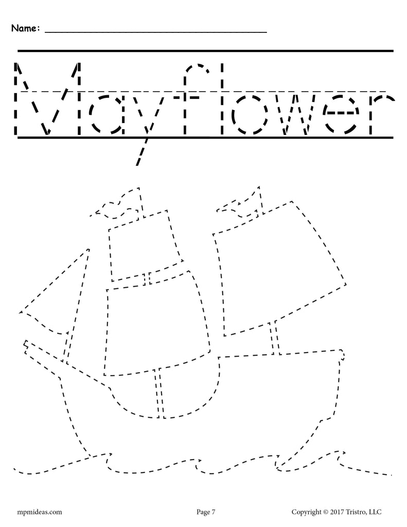 Mayflower Thanksgiving Tracing and Pre-Handwriting Worksheet