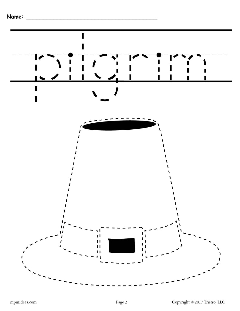 Pilgrim Hat Thanksgiving Tracing and Pre-Handwriting Worksheet