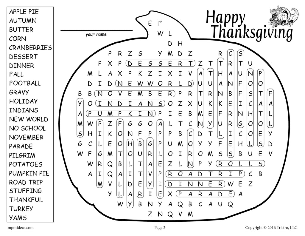 Printable Thanksgiving Word Search Supplyme