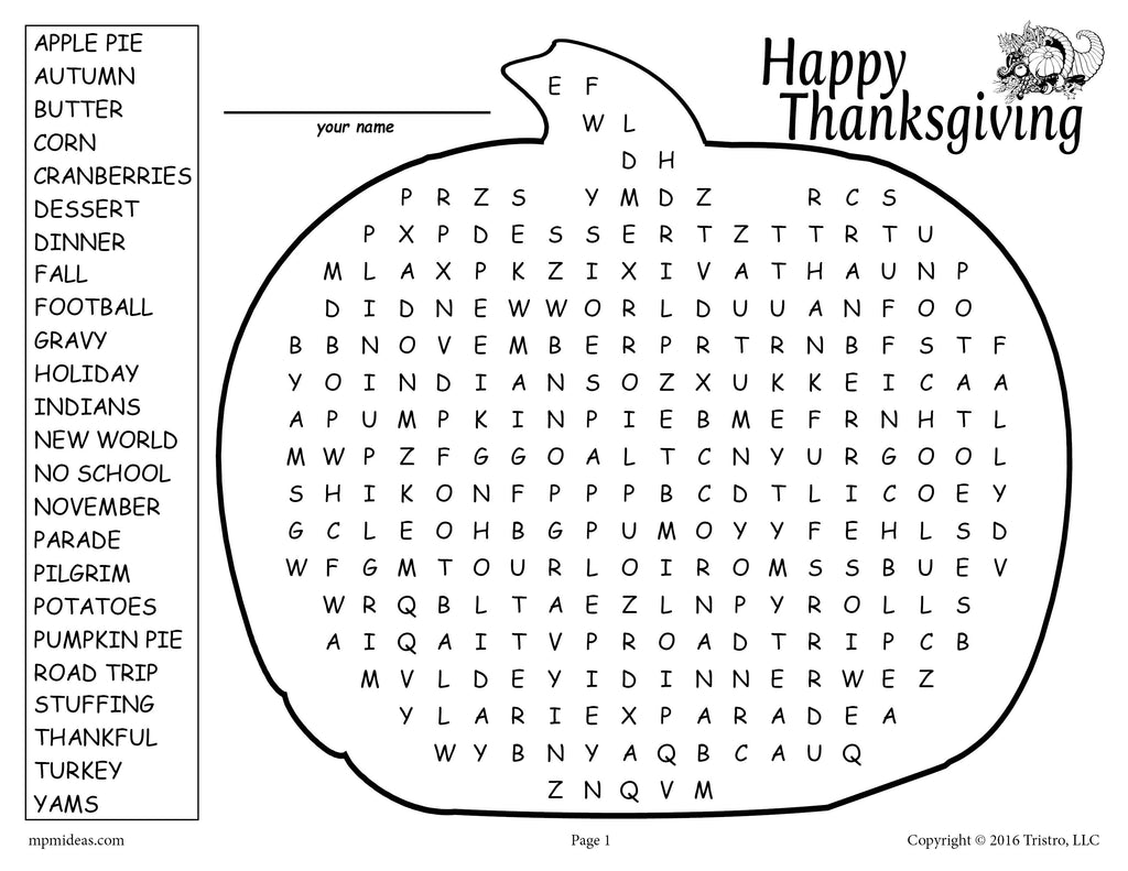 Free Printable Thanksgiving Word Search Large Print