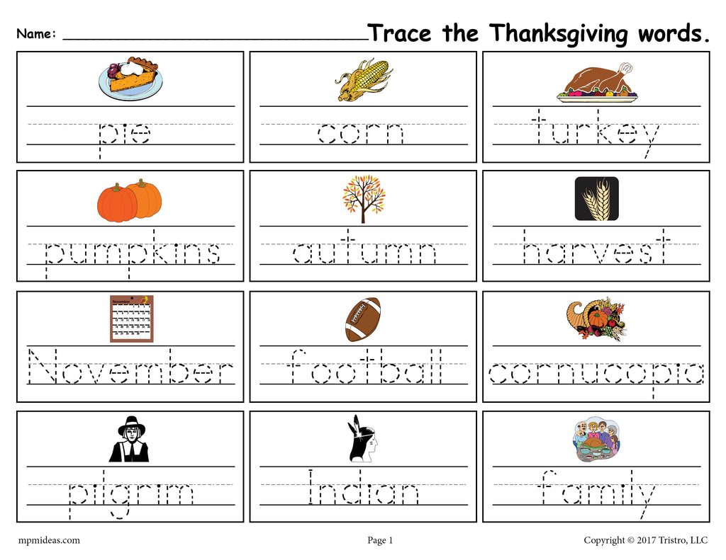 Printable Thanksgiving Words Handwriting & Tracing Worksheet! – SupplyMe