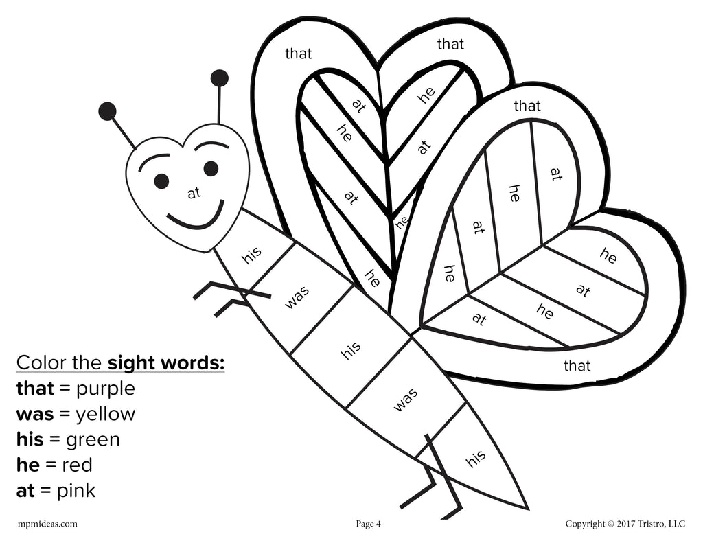 valentine s day color by sight word 4 printable worksheets supplyme
